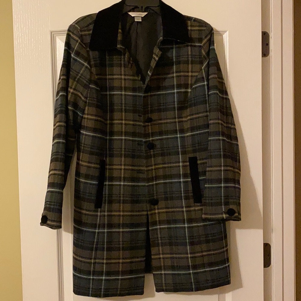 Christopher & Banks plaid trench coat with black suede detail. Like new!